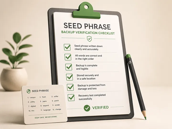 Seed phrase backup verification checklist thumbnail showing a printable offline verification workflow.