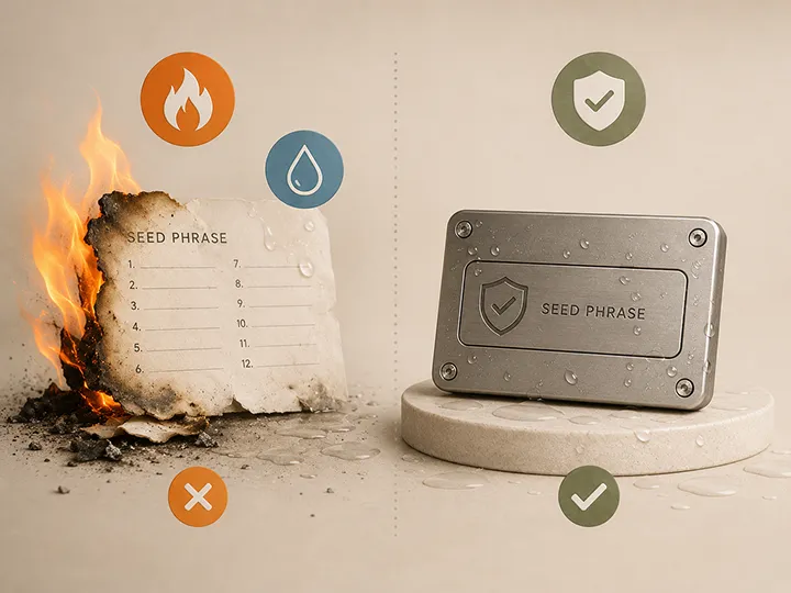 Seed phrase fire and water risk thumbnail showing physical backup exposure to heat, water, and corrosion.