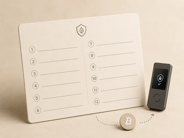 Seed phrase storage thumbnail showing a seed phrase card, metal backup plate, hardware wallet, and security icons.
