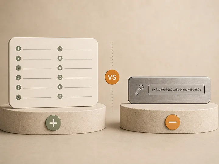Seed phrase versus private key thumbnail showing a seed phrase card compared with a private key symbol.
