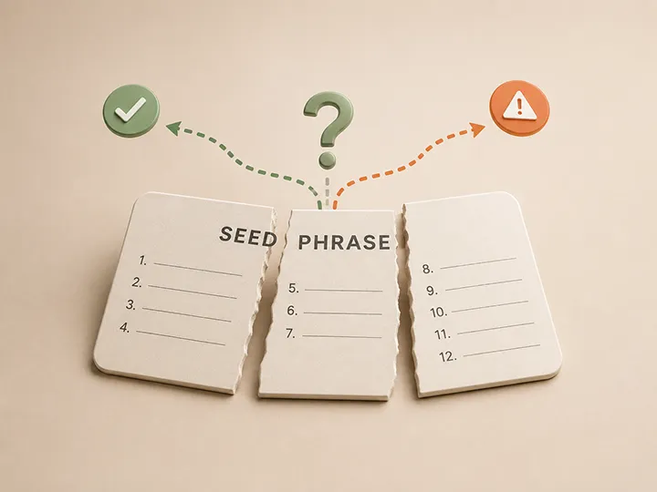 Seed phrase splitting thumbnail showing separated fragments, recovery coordination, and failure risk.