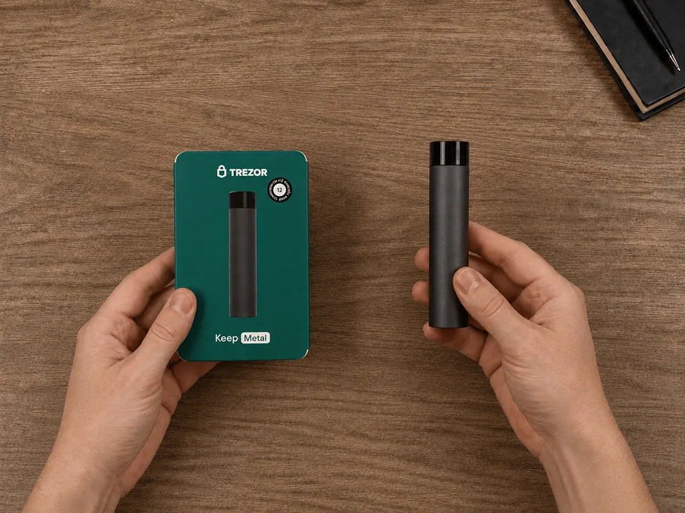 Hands presenting the Trezor Keep Metal retail box beside the metal capsule on a wooden desk