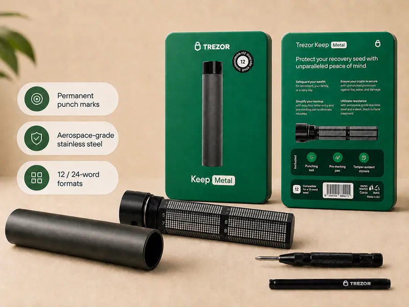 Trezor Keep Metal review thumbnail showing the compact metal seed backup system.