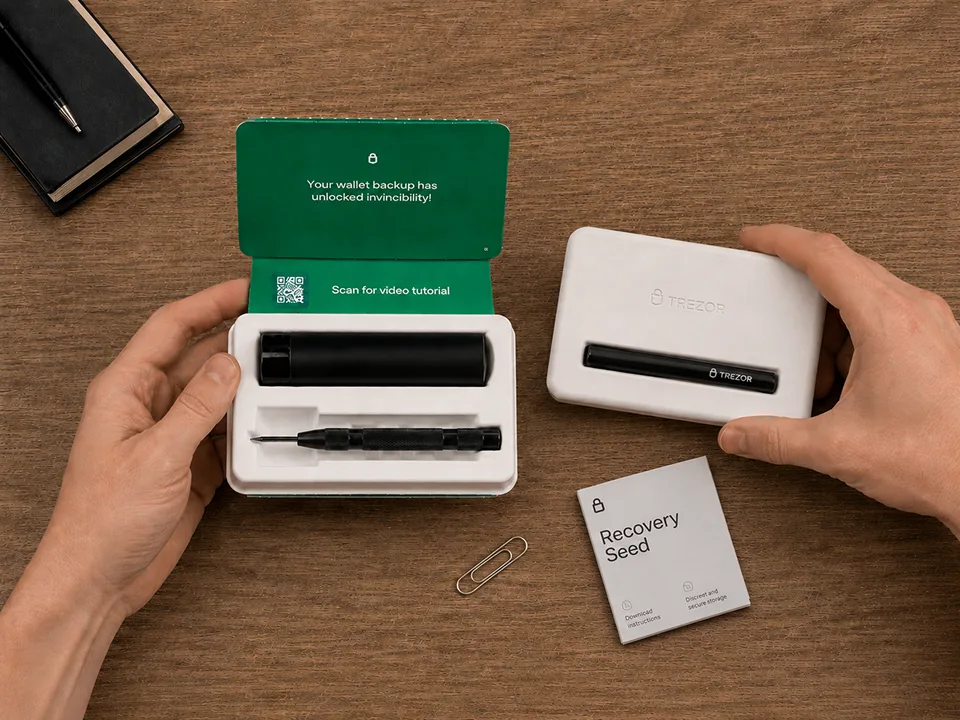 Hands arranging the opened Trezor Keep Metal kit with the step-by-step insert, recovery card, punch tool, and metal capsule on a wooden desk