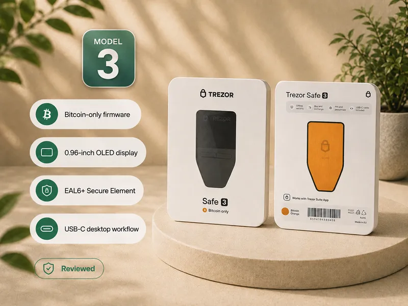 Premium editorial thumbnail of the Trezor Safe 3 Bitcoin-only hardware wallet.