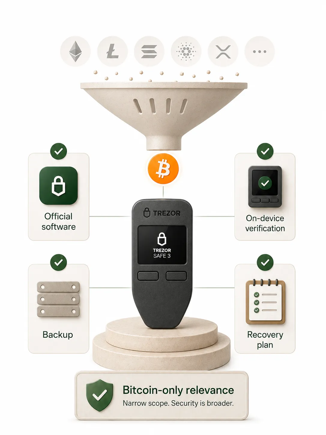Transparent editorial illustration showing Bitcoin-only scope reducing clutter while verification, setup, and recovery still matter.