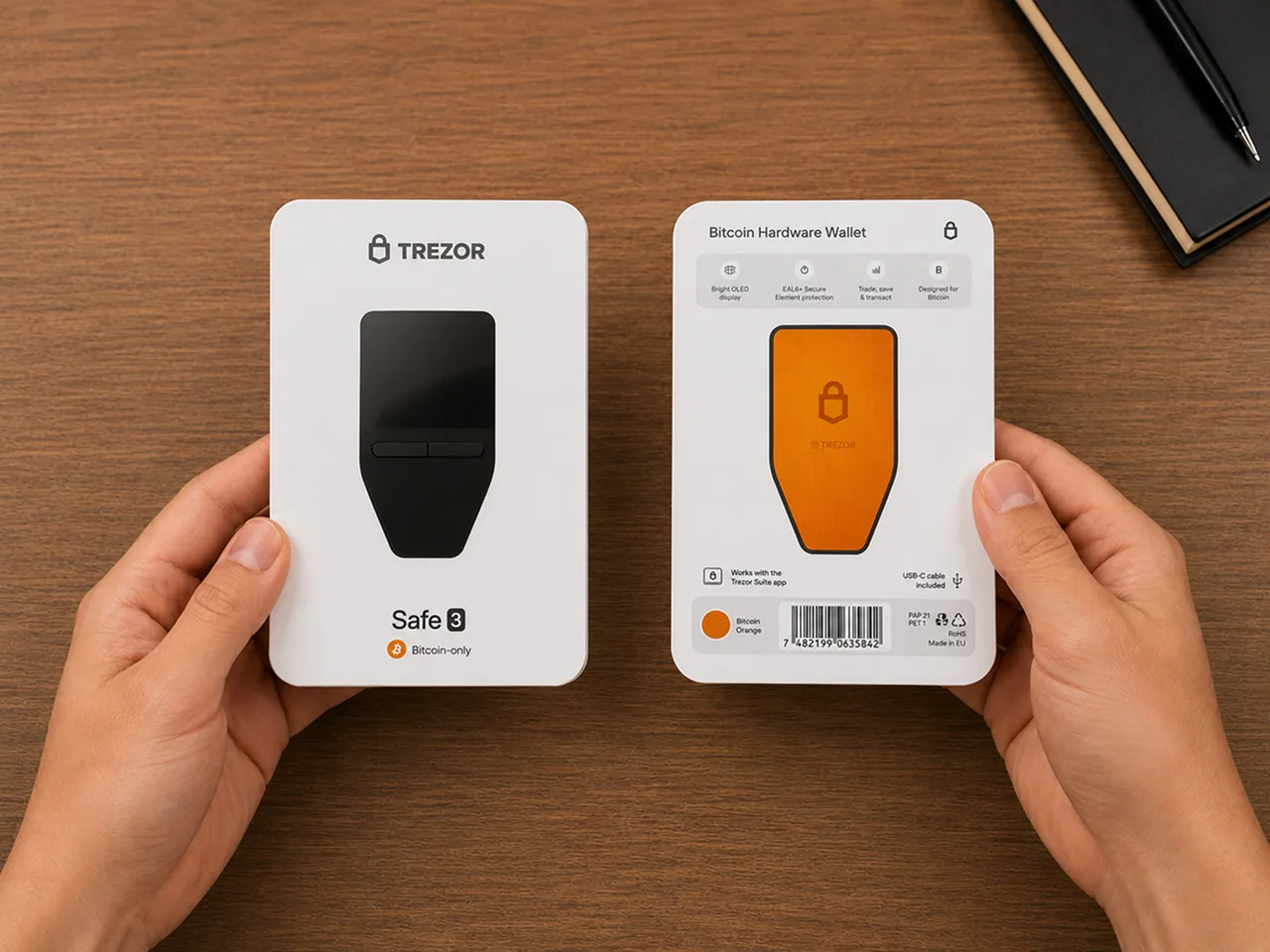 Hands holding the front and back of the sealed Trezor Safe 3 Bitcoin-Only retail box on a wooden desk
