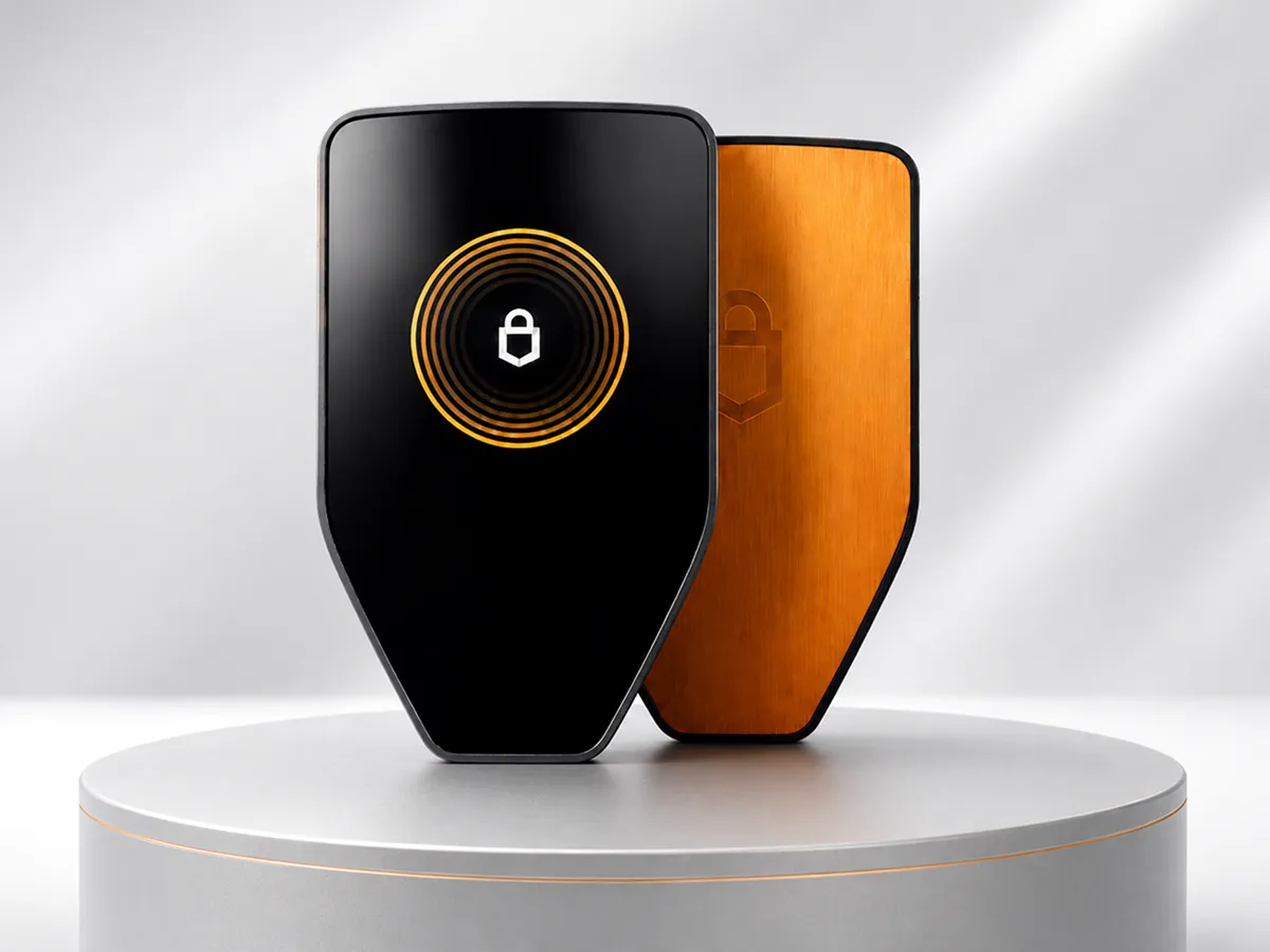 Premium editorial thumbnail of the Trezor Safe 3 Bitcoin-only hardware wallet.