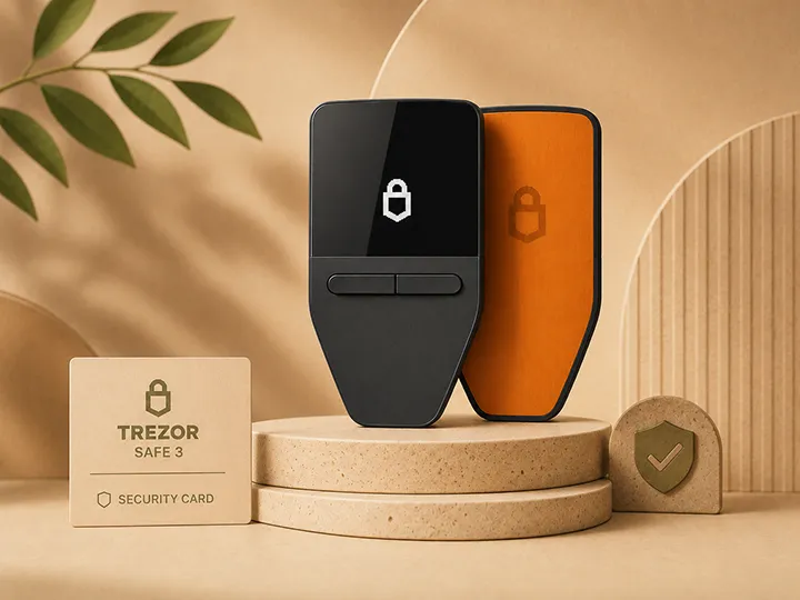 Premium editorial thumbnail of the Trezor Safe 3 Bitcoin-only hardware wallet.