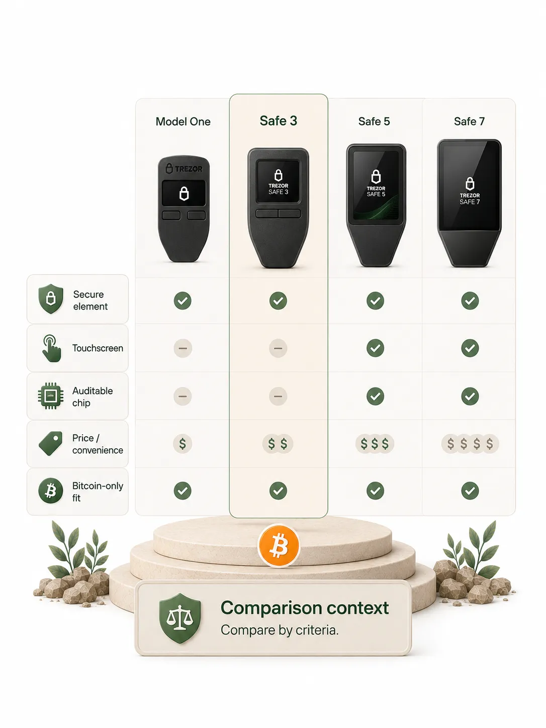 Transparent editorial illustration showing hardware wallets compared by criteria, checklist, magnifying glass, and balance scale instead of winner language.