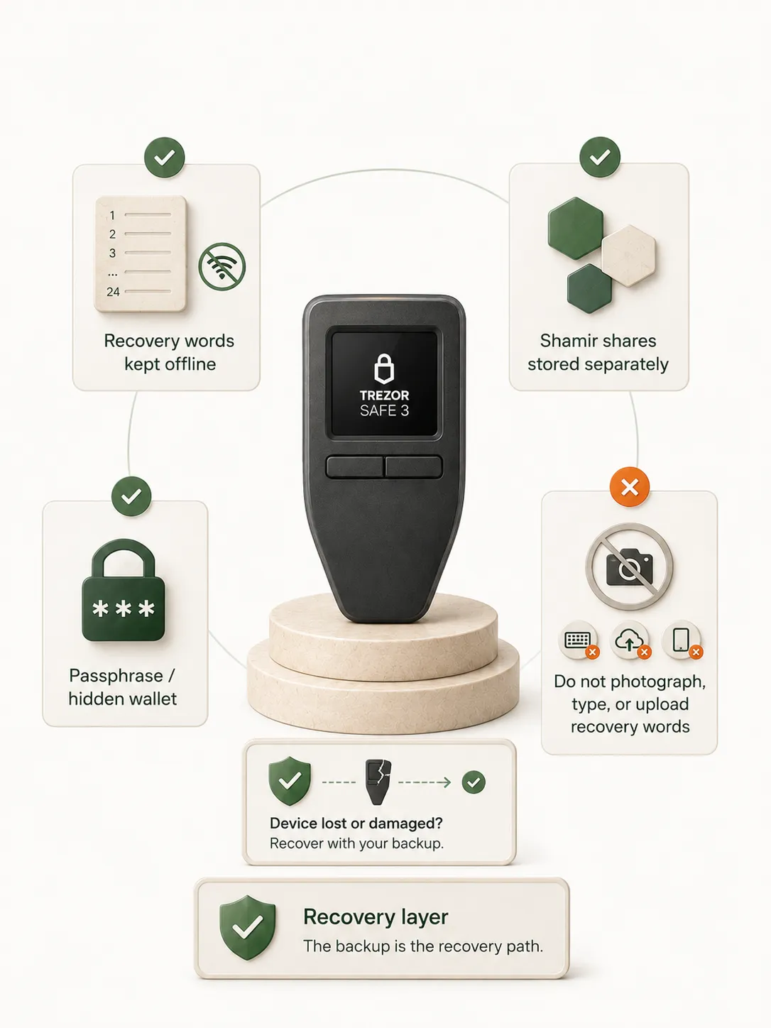 Transparent editorial illustration showing recovery cards and metal backup plates as the real recovery path, separate from the hardware wallet.