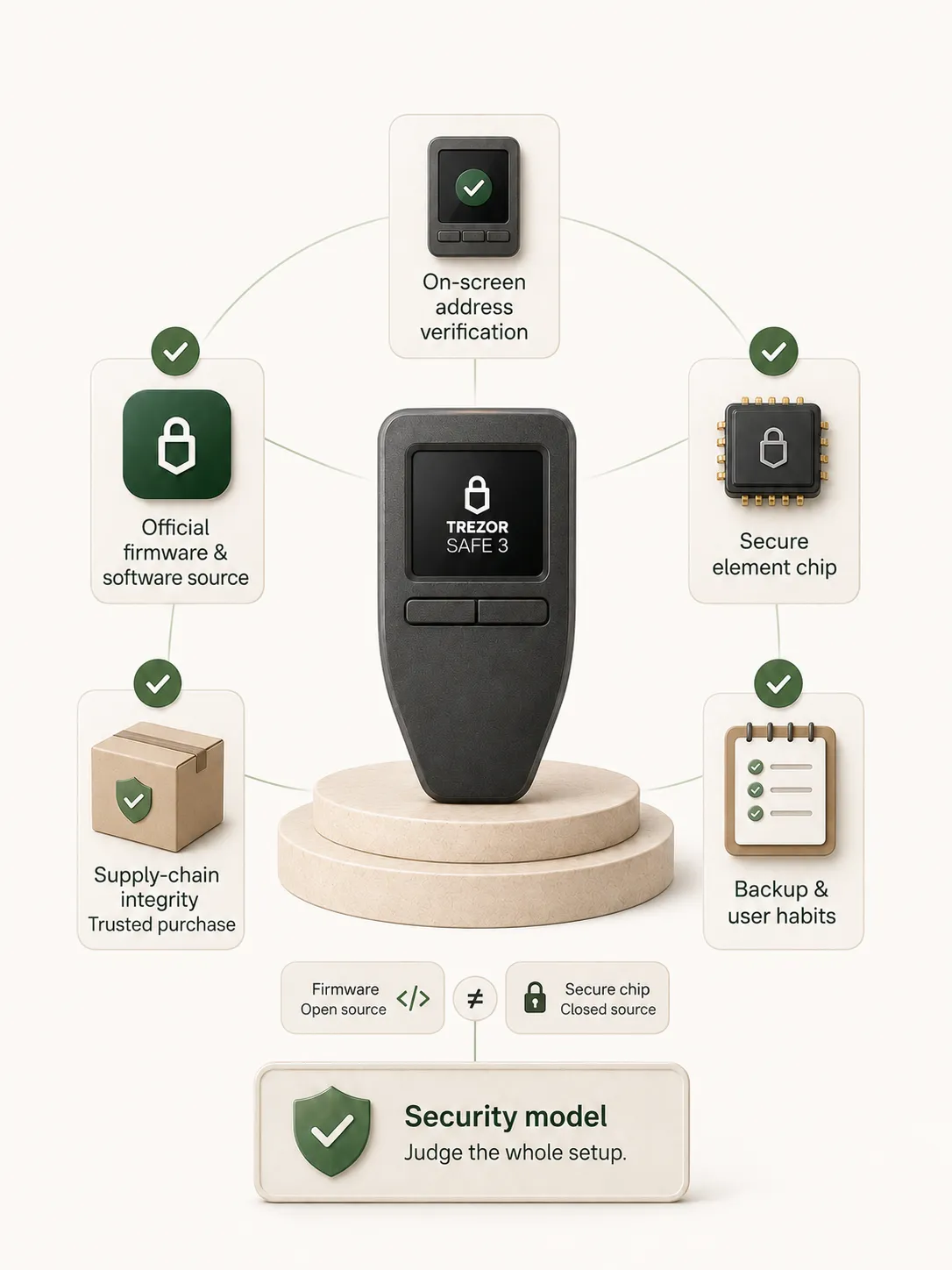 Transparent editorial illustration showing a hardware wallet evaluated as part of a full signing, software, verification, and recovery security model.