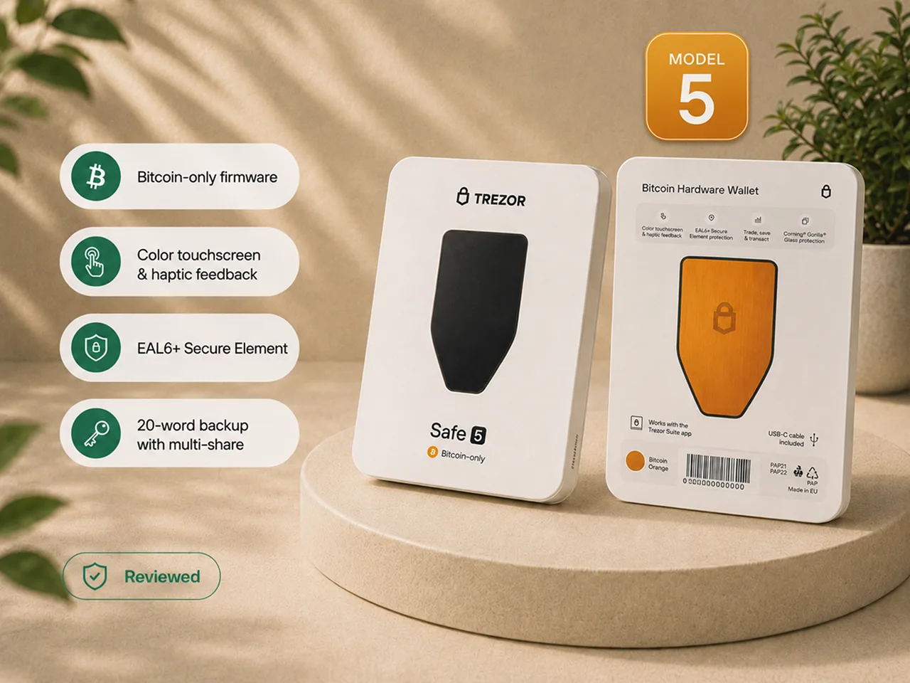 Trezor Safe 5 hardware wallet displayed upright during the Bitcoin Plaster hands-on review
