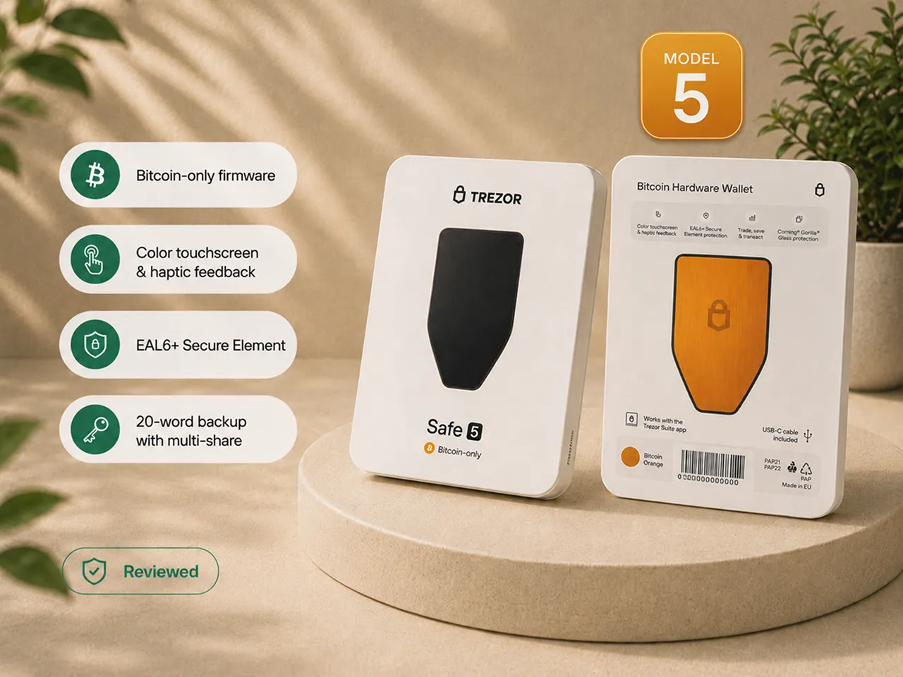 Trezor Safe 5 Bitcoin-Only retail packaging with key product features from the Bitcoin Plaster review