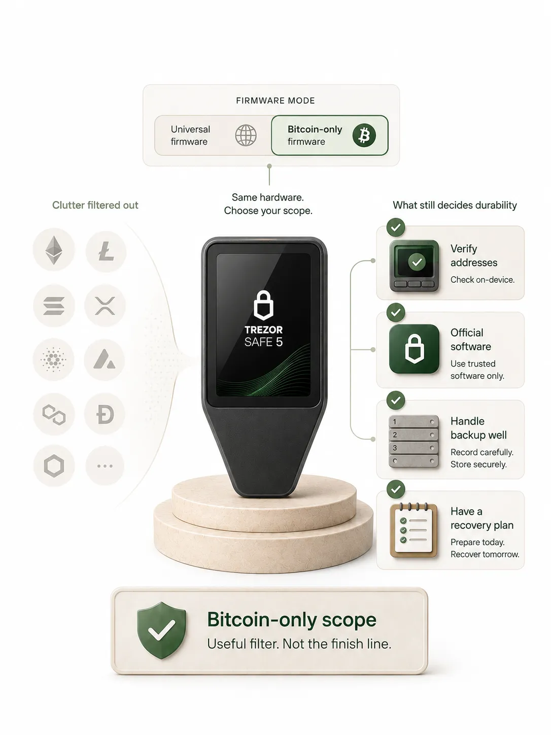 Editorial section illustration for Trezor Safe 5 Bitcoin-only scope.