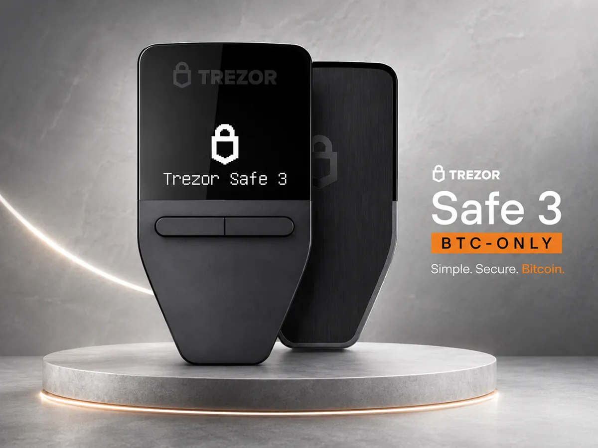 Premium editorial thumbnail of the Trezor Safe 5 Bitcoin-only hardware wallet.