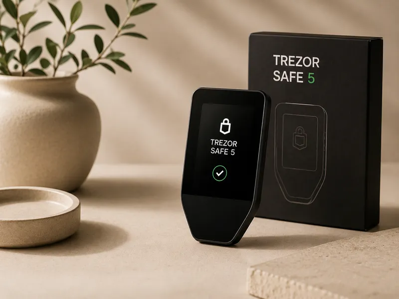 Illustration of the Trezor Safe 5 BTC-only hardware wallet.