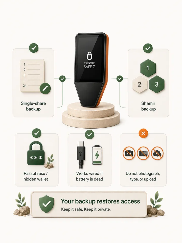 Illustration of Trezor Safe 7 recovery choices and backup verification.
