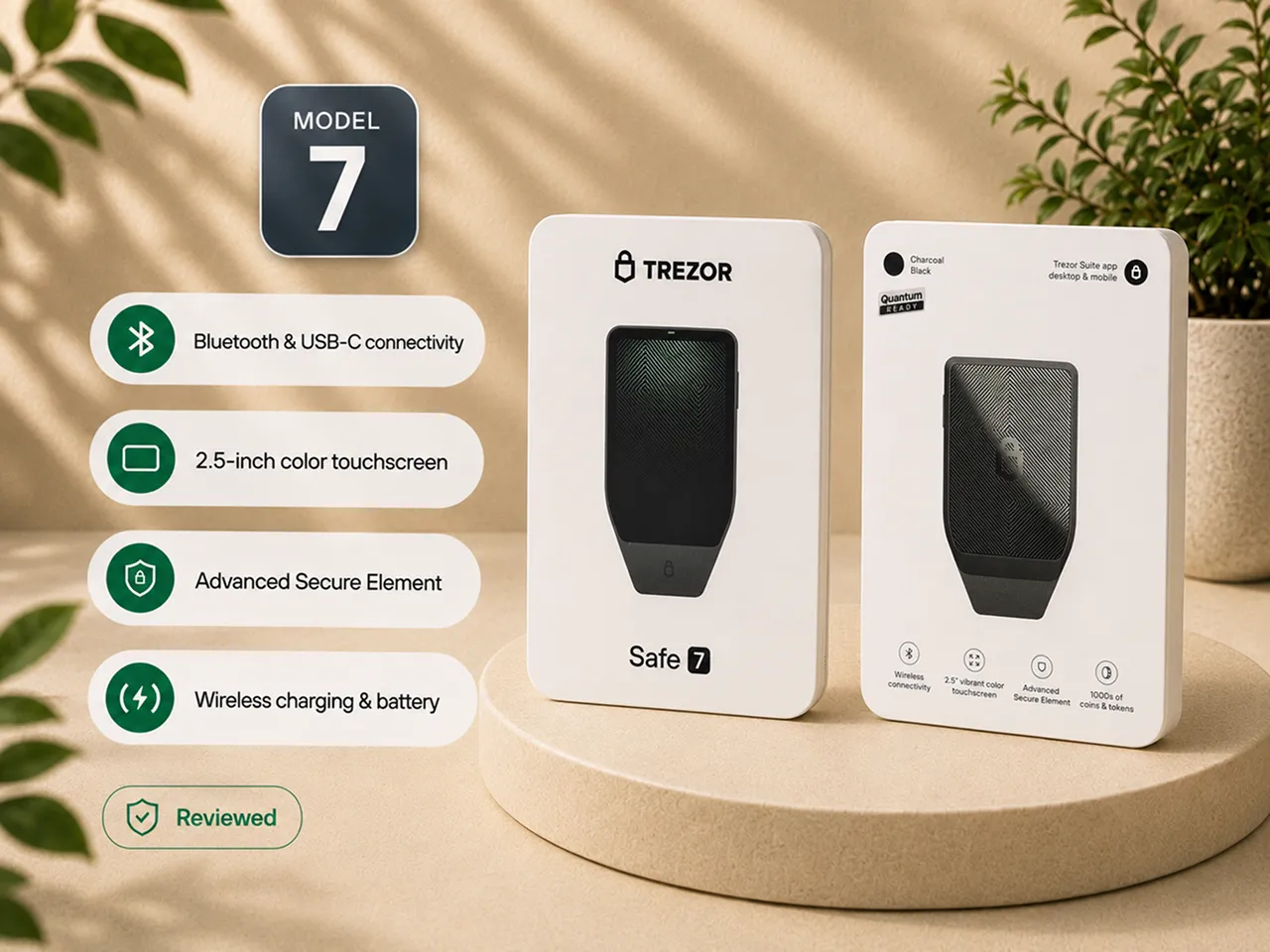 Editorial image of the Trezor Safe 7 hardware wallet reviewed by Bitcoin Plaster