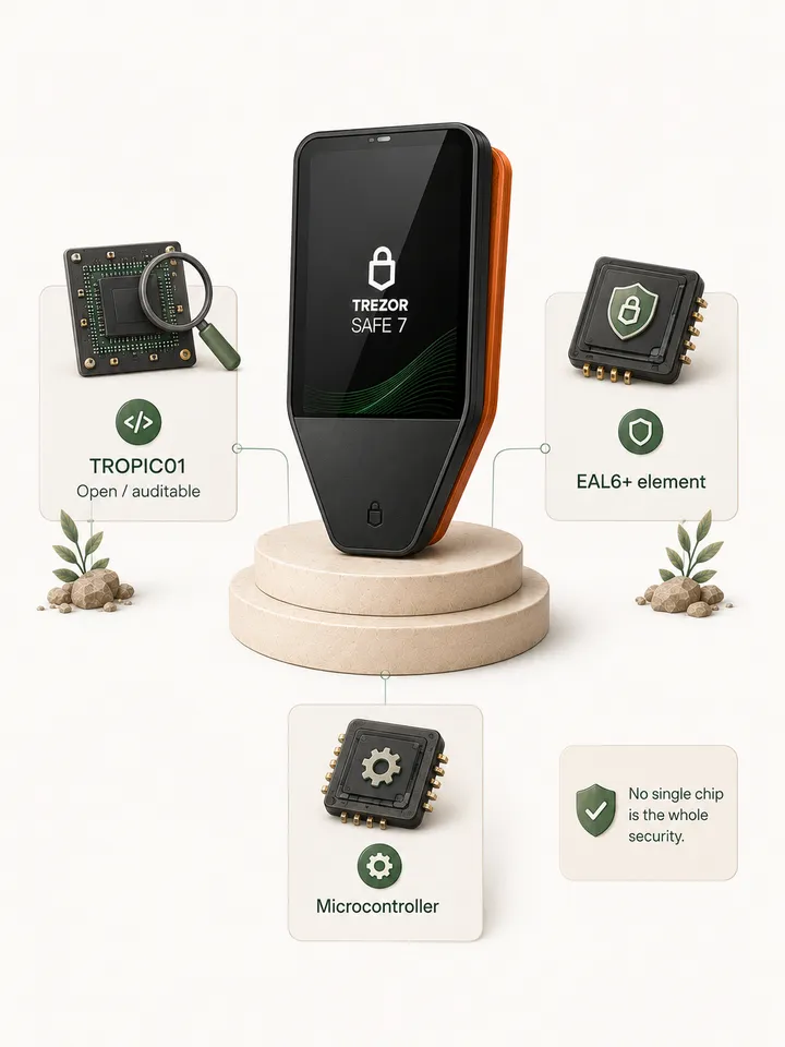 Illustration of Trezor Safe 7 on-device verification and signing.