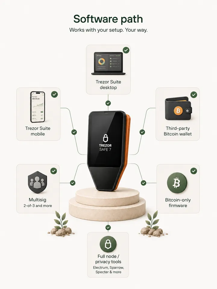 Illustration of Trezor Safe 7 software paths and Bitcoin-only firmware focus.