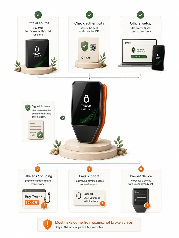 Illustration of Trezor Safe 7 supply-chain and genuineness checks.