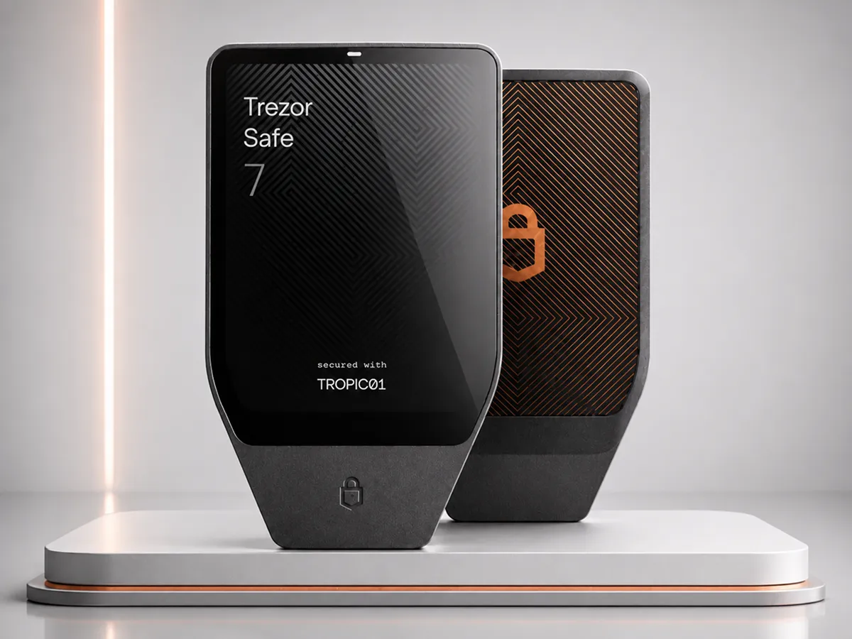 Editorial thumbnail of the Trezor Safe 7 hardware wallet.