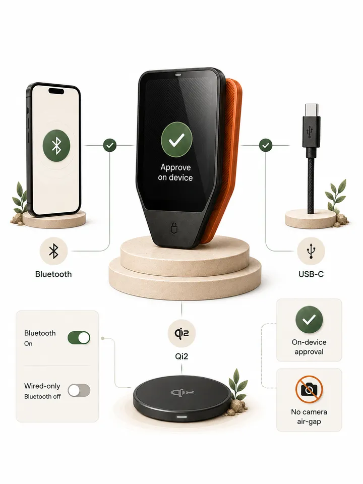 Illustration of Trezor Safe 7 Bluetooth and USB-C setup tradeoffs.