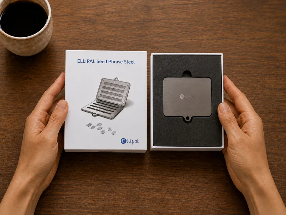 Hands holding the opened ELLIPAL Seed Phrase Steel box with the metal backup visible in its foam insert