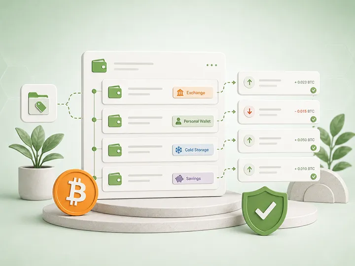 Bitcoin wallet-labeling concept showing ownership context, transaction IDs, fees, and purpose notes.