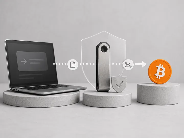 Illustration showing what a hardware wallet does for Bitcoin key signing.