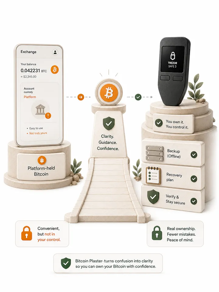 Illustration showing Bitcoin Plaster closing the gaps around money, Bitcoin, volatility, and self-custody.