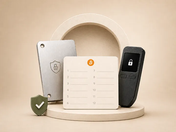Warm editorial illustration of a seed phrase card and recovery context.