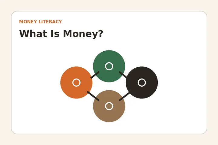 Illustration representing exchange, accounting, and storing value through money.