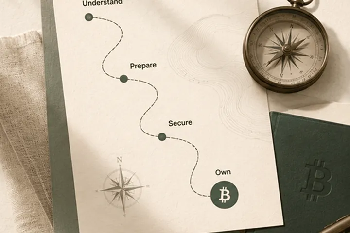 Illustration of a learning path moving through understanding, preparation, security, and Bitcoin ownership.