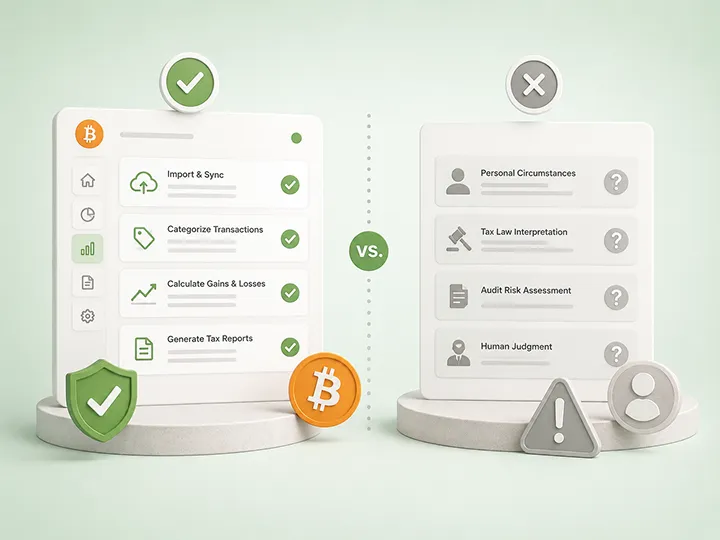 Bitcoin tax software capability boundary concept showing records, software calculation, review, and interpretation.