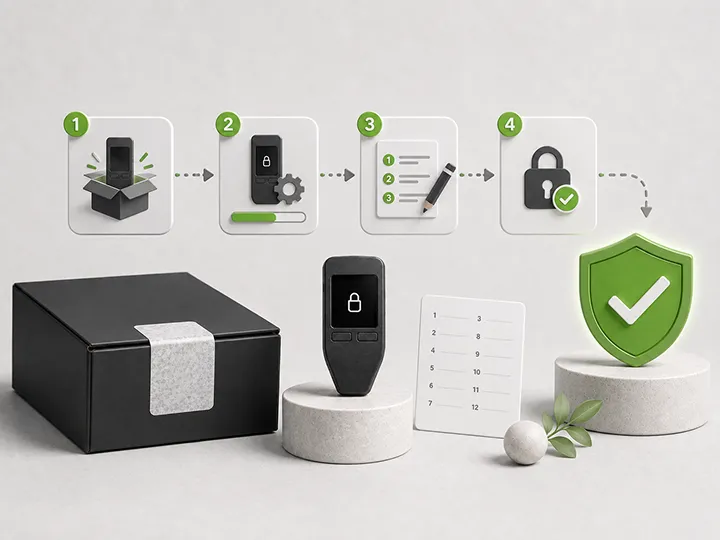 Warm editorial illustration of a boxed hardware wallet, setup step cards, backup cues, and safety checkmarks.
