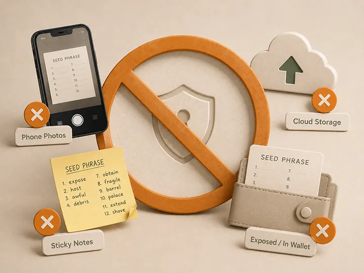 Seed phrase safety thumbnail showing unsafe digital and casual storage locations to avoid.