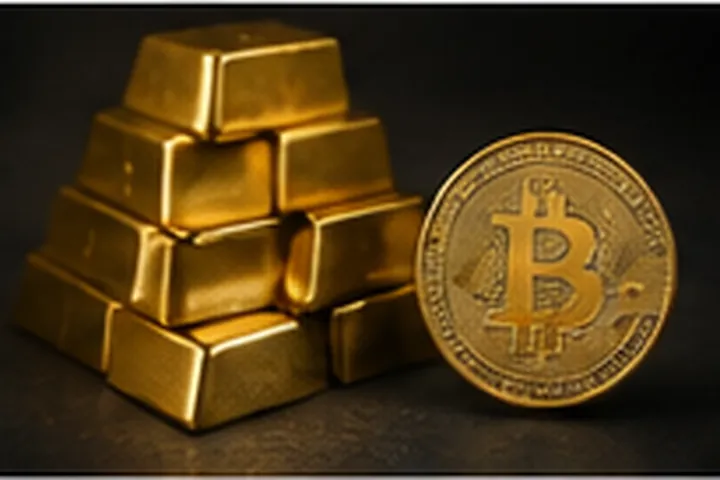 Illustration pairing stacked gold bars with Bitcoin to represent constrained monetary supply.